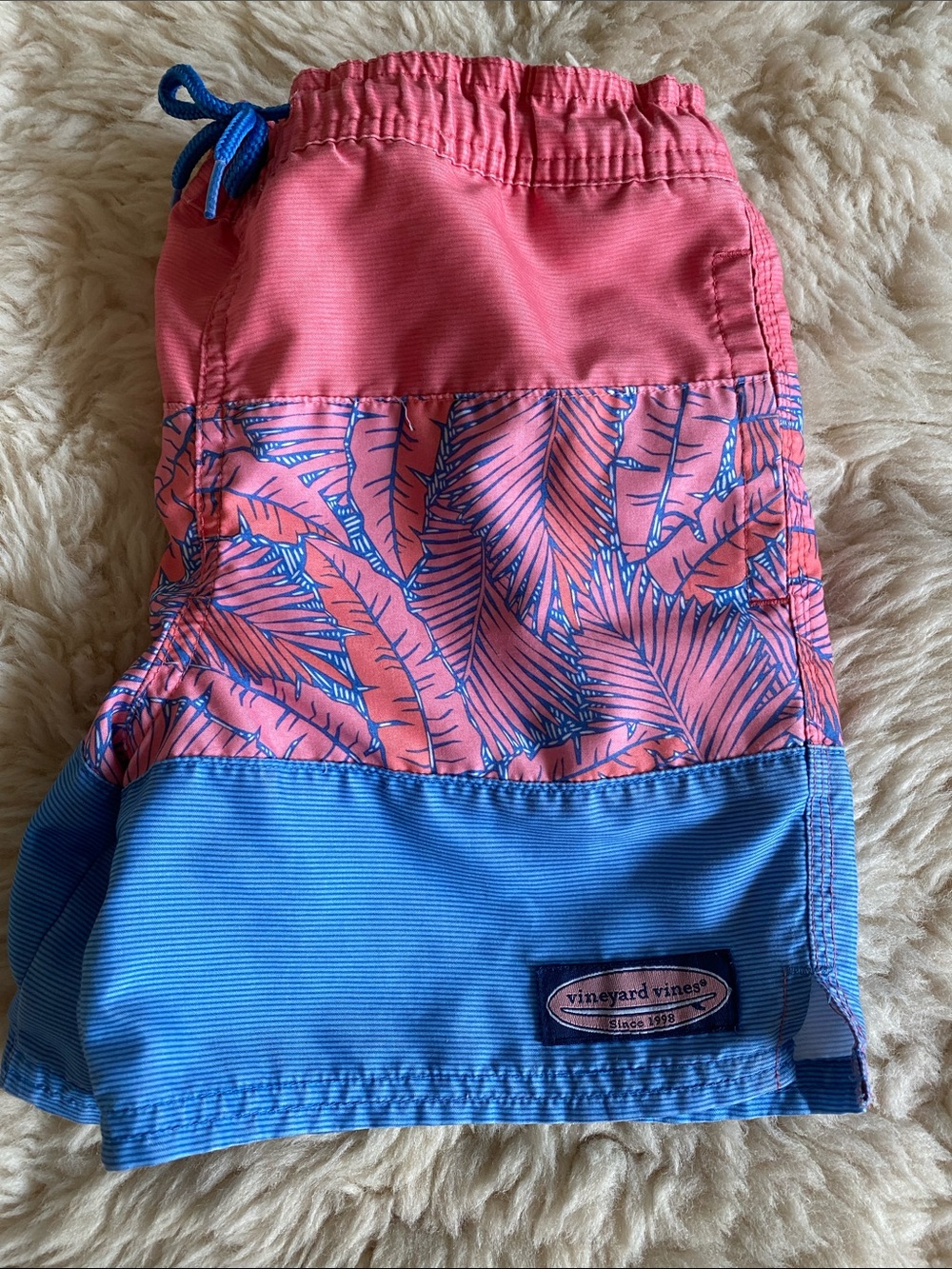 Vineyard Vines Kids Pink and Blue Palm-Print Swim Shorts